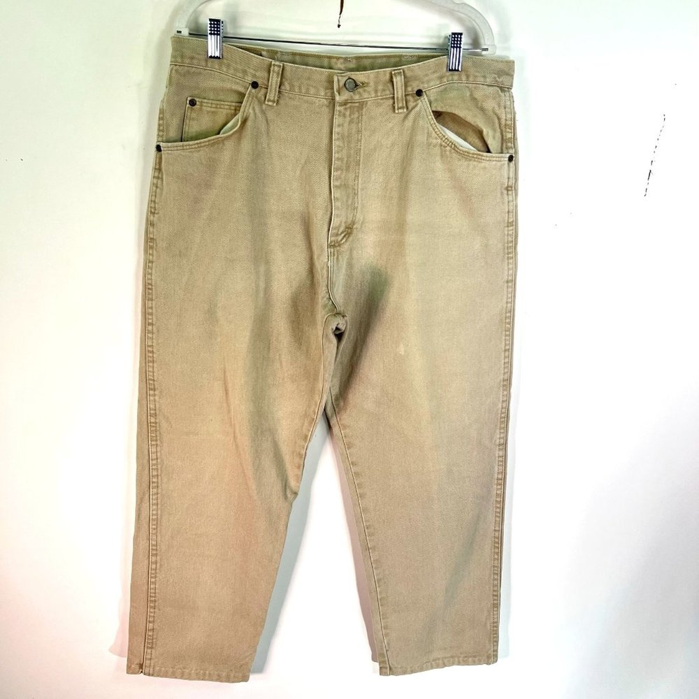 VTG Wrangler Rugged Wear Jeans Men’s Size 38 Relaxed Fit Tan 38x30 US Made